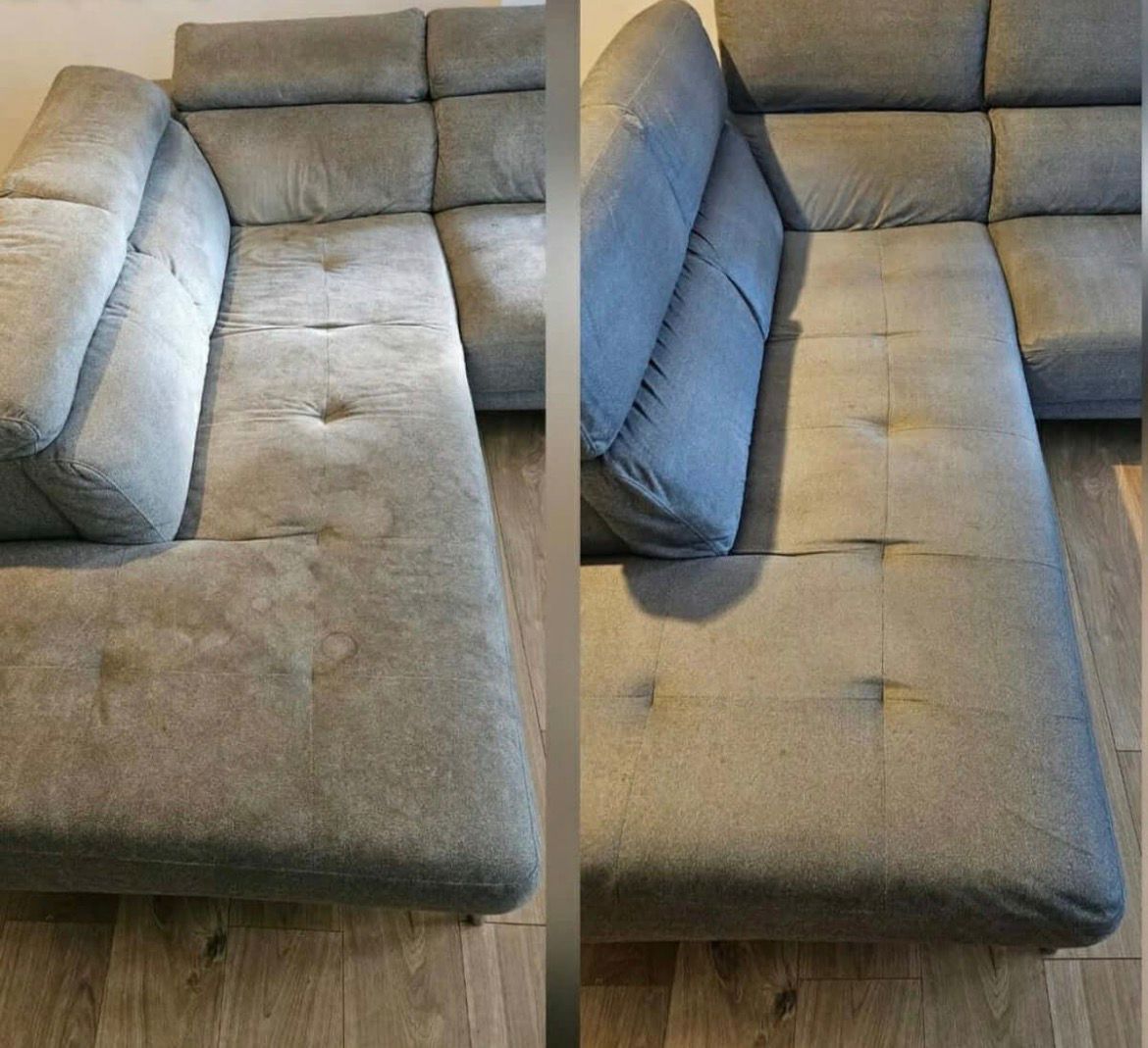 Sofá cinza antes e depois da limpeza profissional